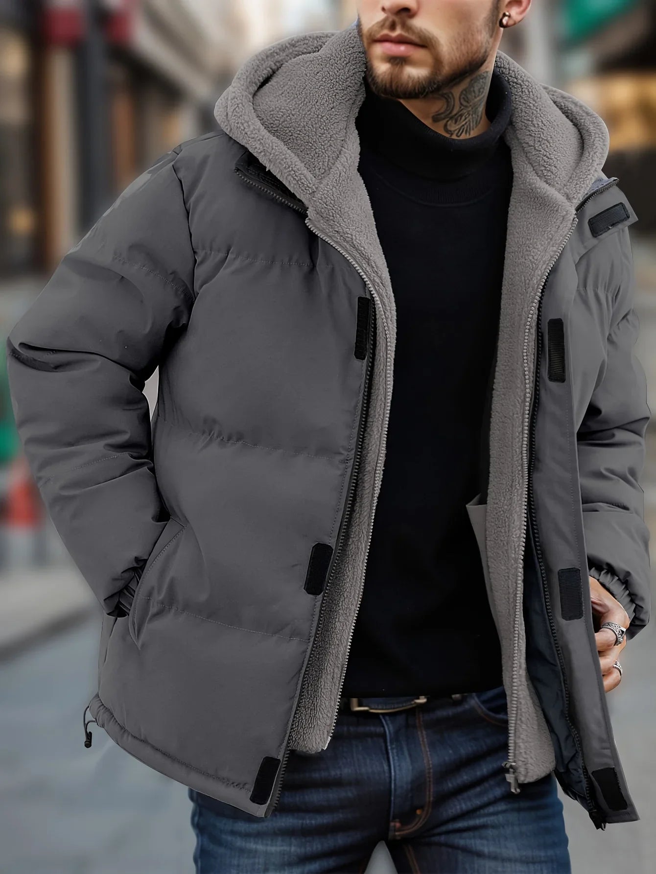 Winter Windproof Men's Faux Jacket Casual Polyester Coat with Detachable Hood Zip-Up Front Long Sleeves & Pockets Winter Clothes