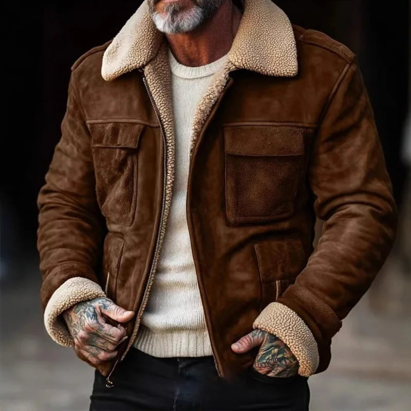 Winter Men's Lapel Zipper Cotton Jacket Coat Retro  Solid Color Warm Fake Pocket Zipper Men's Casual Jacket Coat Top Streetwearg