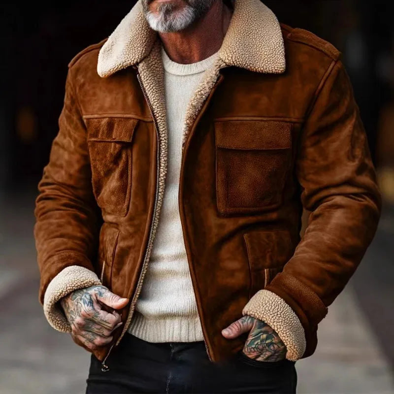 Winter Men's Lapel Zipper Cotton Jacket Coat Retro  Solid Color Warm Fake Pocket Zipper Men's Casual Jacket Coat Top Streetwearg
